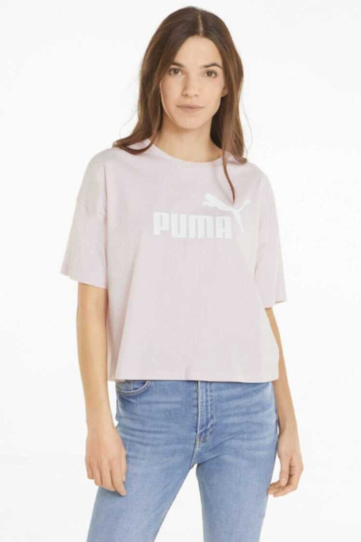 تیشرت کراپ یقه گرد چاپ دار زنانه صورتی روشن برند Puma 