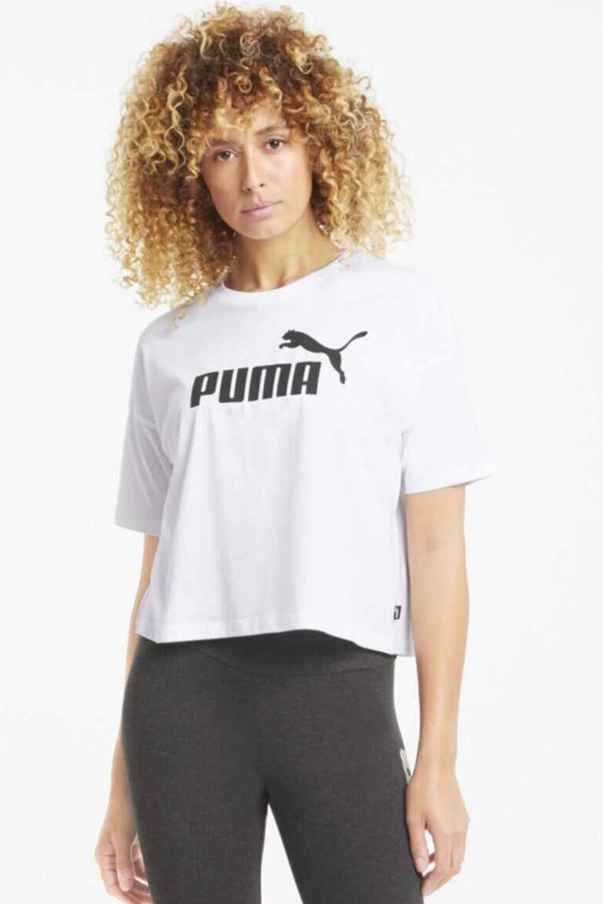 تیشرت کراپ یقه گرد چاپ دار زنانه سفید برند Puma 