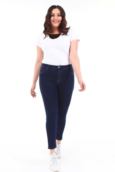 شلوار جین لوله ای سایز بزرگ زنانه سرمه ای تیره برند CEDY DENIM