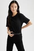 تیشرت یقه گرد زنانه مشکی برند DeFacto 