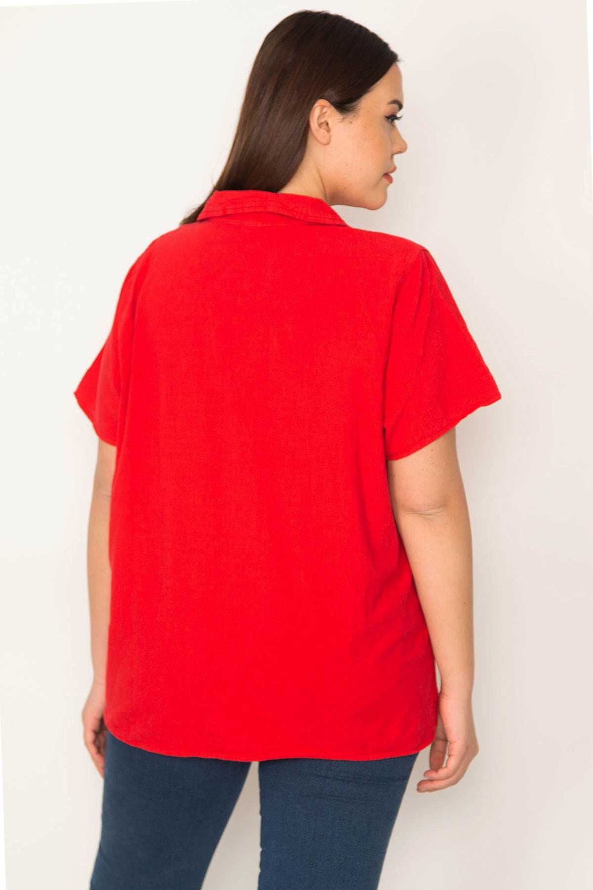 پیراهن آستین کوتاه دکمه دار تک جیب سایز بزرگ زنانه قرمز برند Şans 