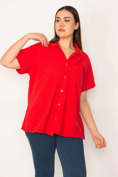 پیراهن آستین کوتاه دکمه دار تک جیب سایز بزرگ زنانه قرمز برند Şans 