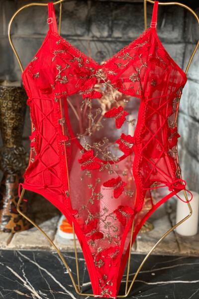 لباس زیر بادی توری گلدوزی طرح پروانه زنانه قرمز 
