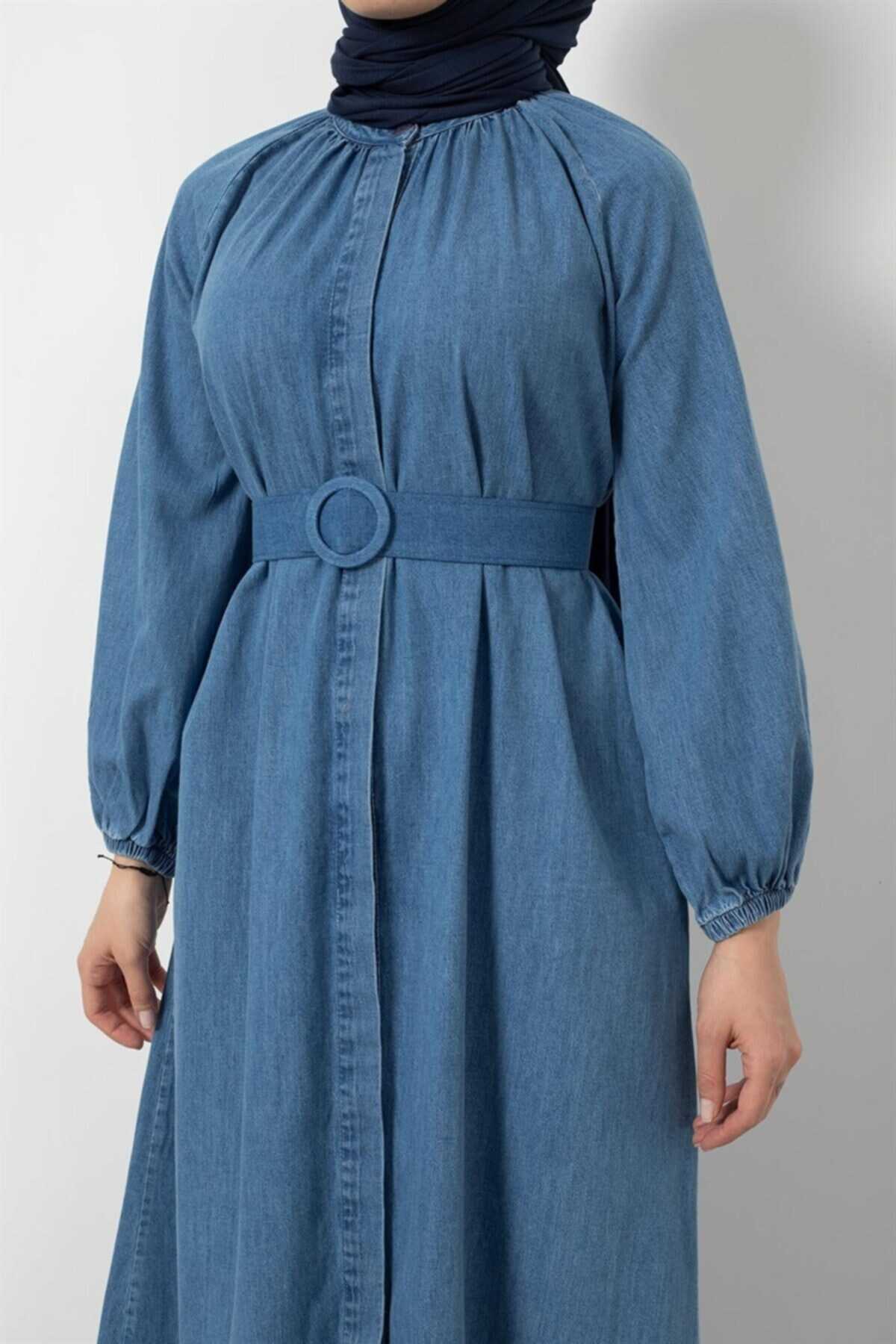 مانتو زنانه جین یقه کش کمربند دار آبی برند moda