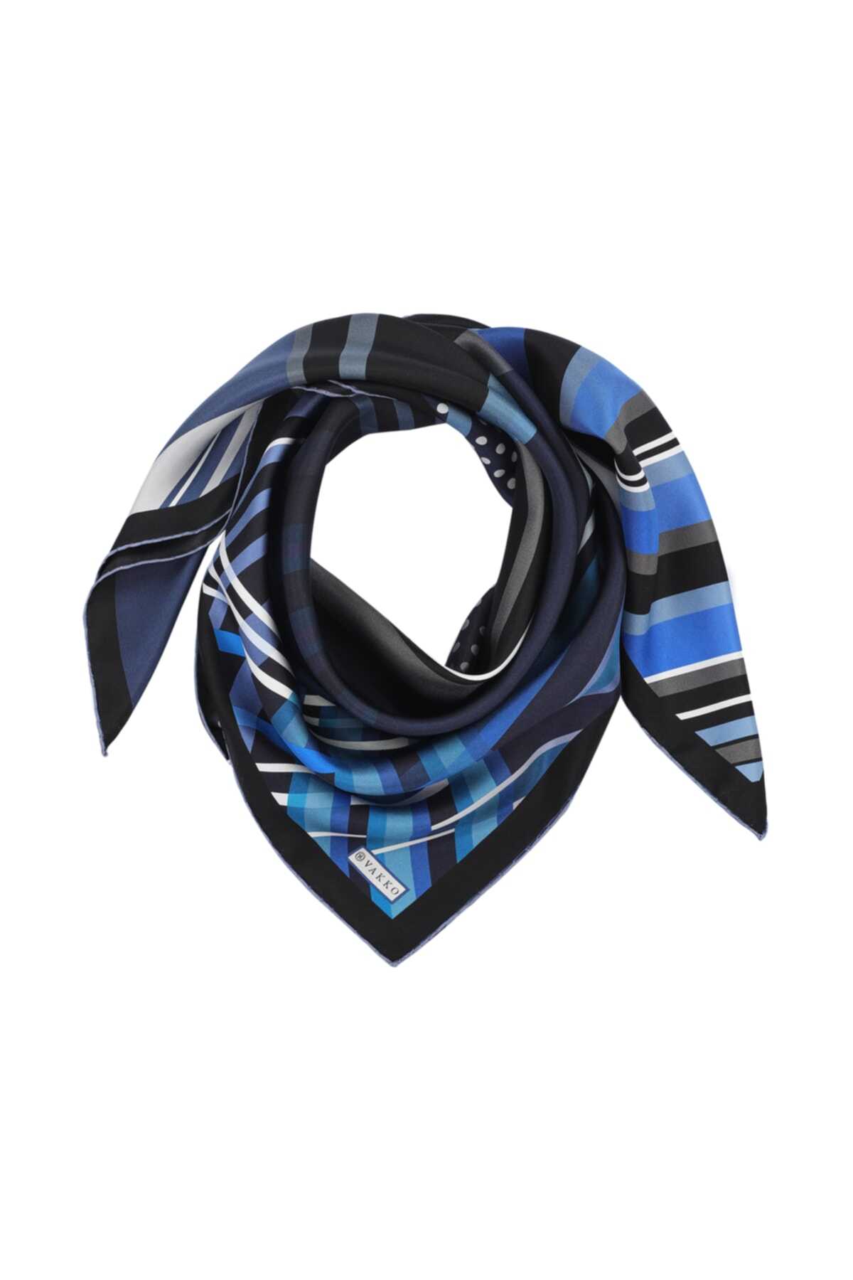 روسری ابریشم طرح دار زنانه آبی برند Vakko