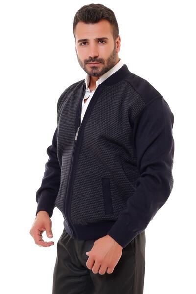 ژاکت سایز بزرگ مردانه جلو زیپ جیب دار سرمه ای برند KARBEY TRİKO