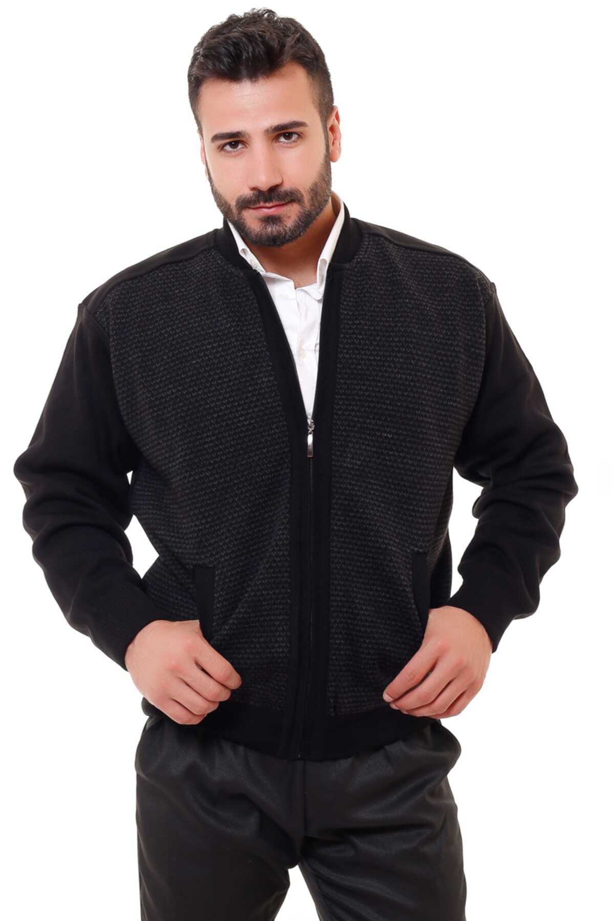 ژاکت سایز بزرگ مردانه جلو زیپ جیب دار مشکی برند KARBEY TRİKO