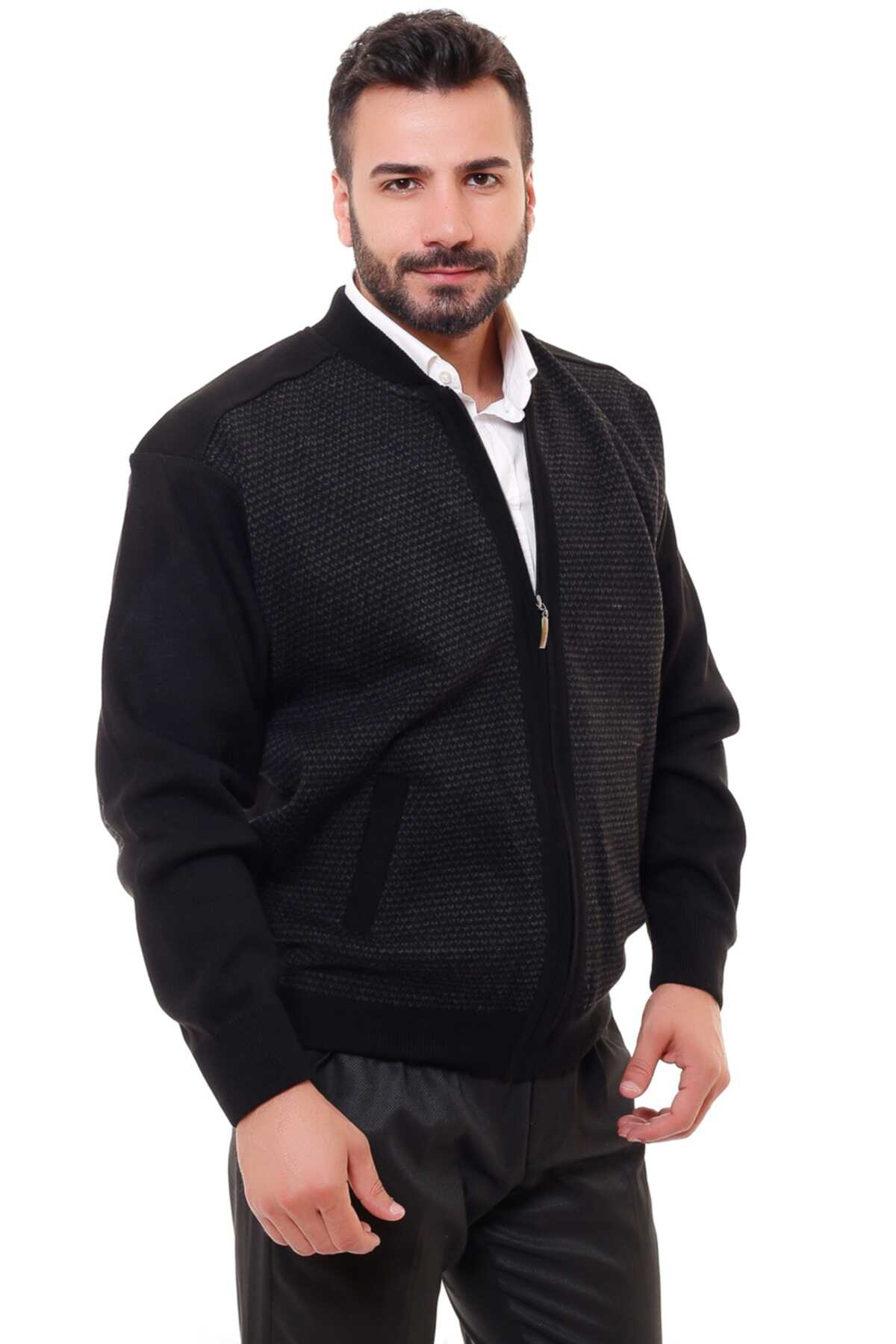 ژاکت سایز بزرگ مردانه جلو زیپ جیب دار مشکی برند KARBEY TRİKO