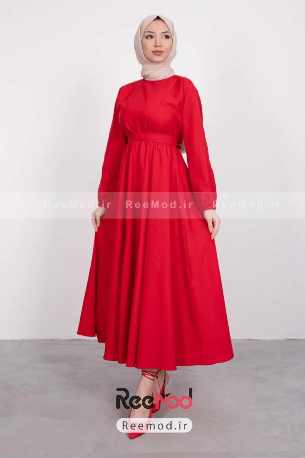 پیراهن بلند چین دار آستین کش کمربند دار زنانه قرمز برند ENDERON 