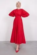 پیراهن بلند چین دار آستین کش کمربند دار زنانه قرمز برند ENDERON 