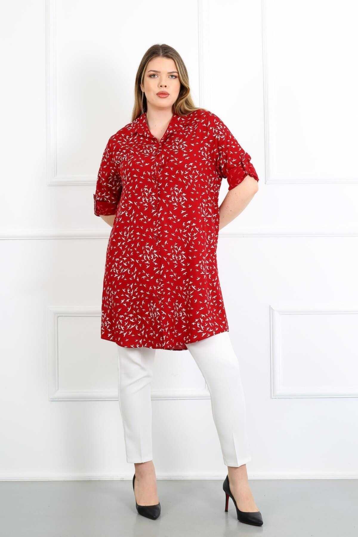 تونیک سایز بزرگ آستین تاشو طرح دار زنانه قرمز برند By Alba Collection