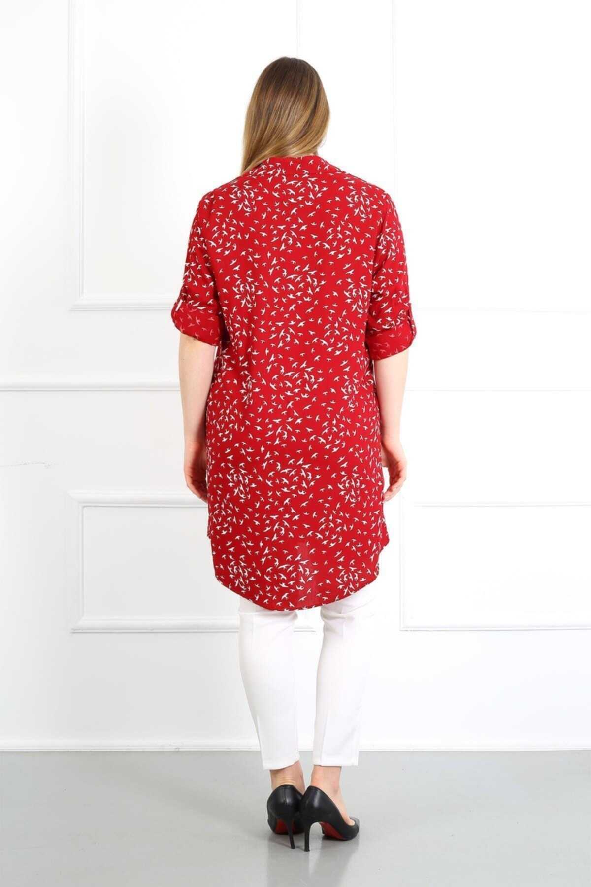 تونیک سایز بزرگ آستین تاشو طرح دار زنانه قرمز برند By Alba Collection