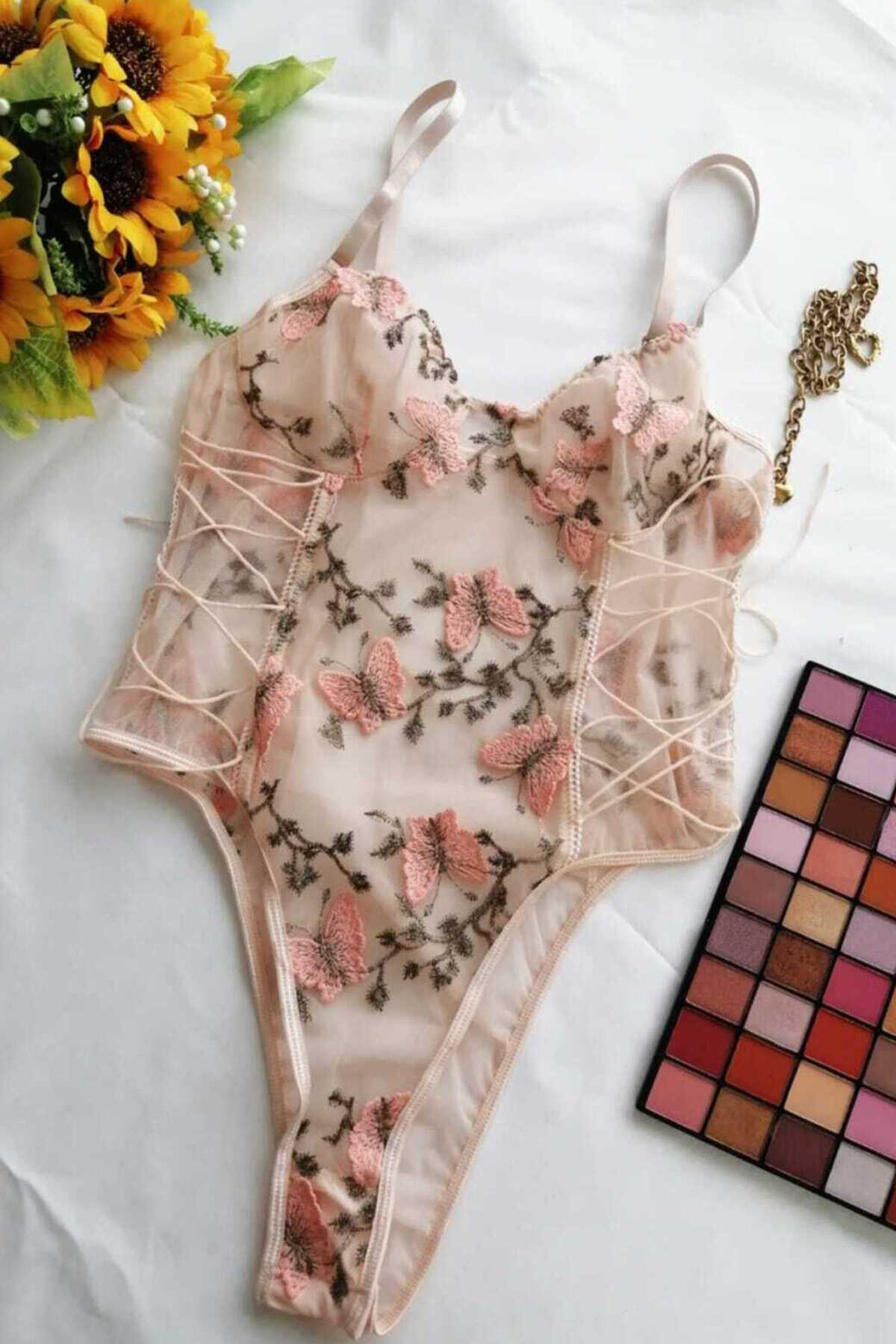 بادی تور گلدوزی طرح پروانه بند نازک زنانه گلبهی برند eos lingerie 