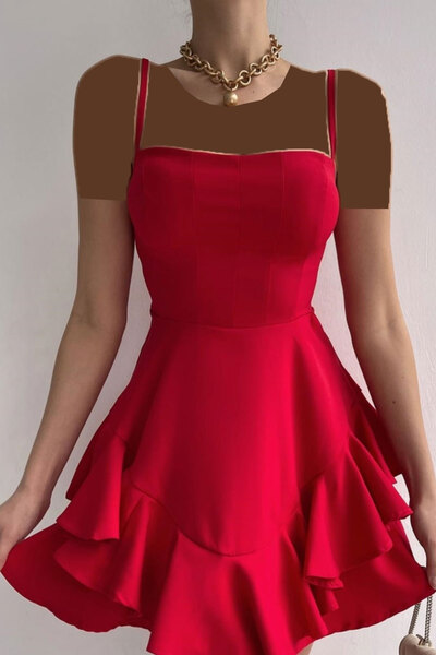 لباس شب کوتاه یقه باز بند نازک دامن چین دار قرمز برند lovebox