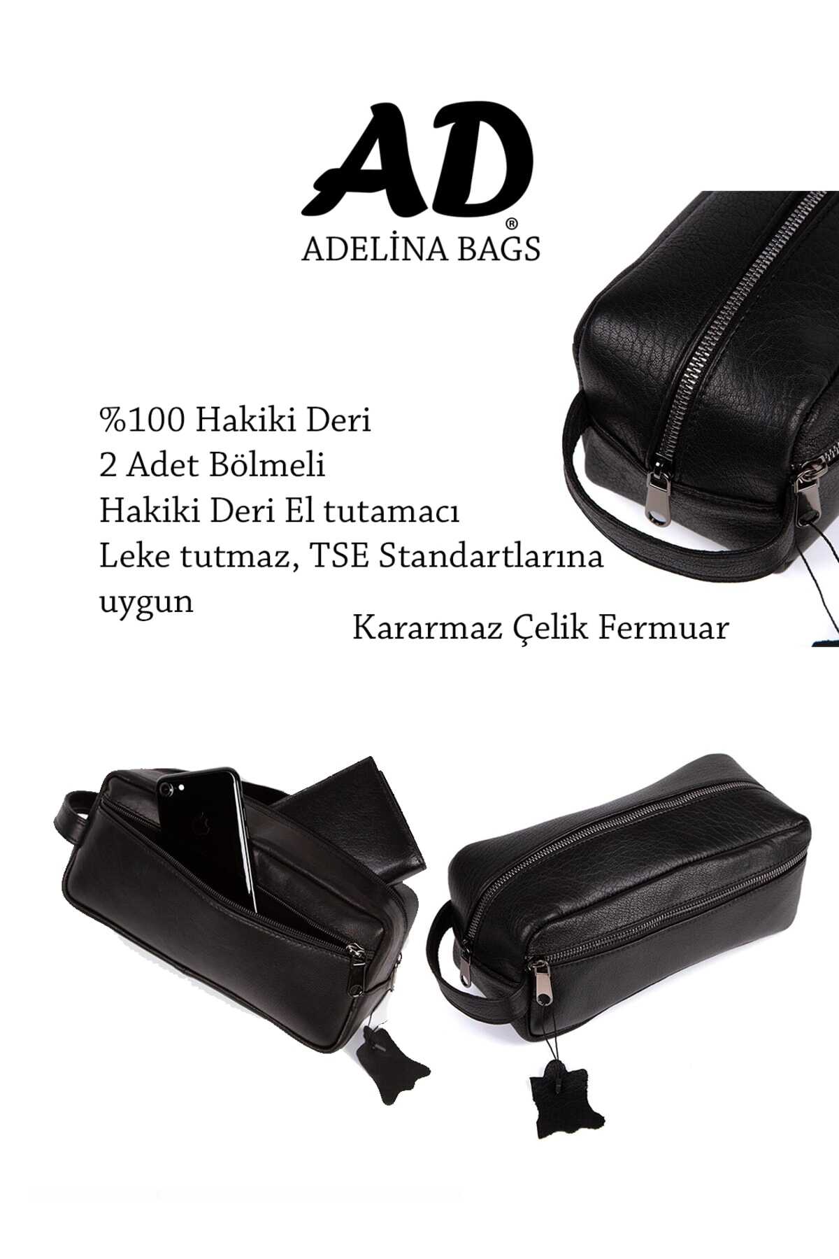 کیف دستی مردانه چرم اصل مشکی برند Adelina Bags