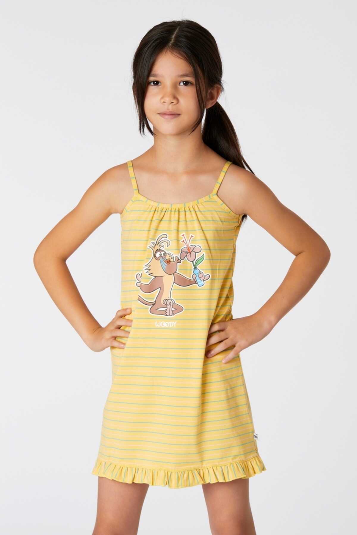لباس خواب دخترانه آستین حلقه ای راه راه طرح میمون زرد برند Woody 