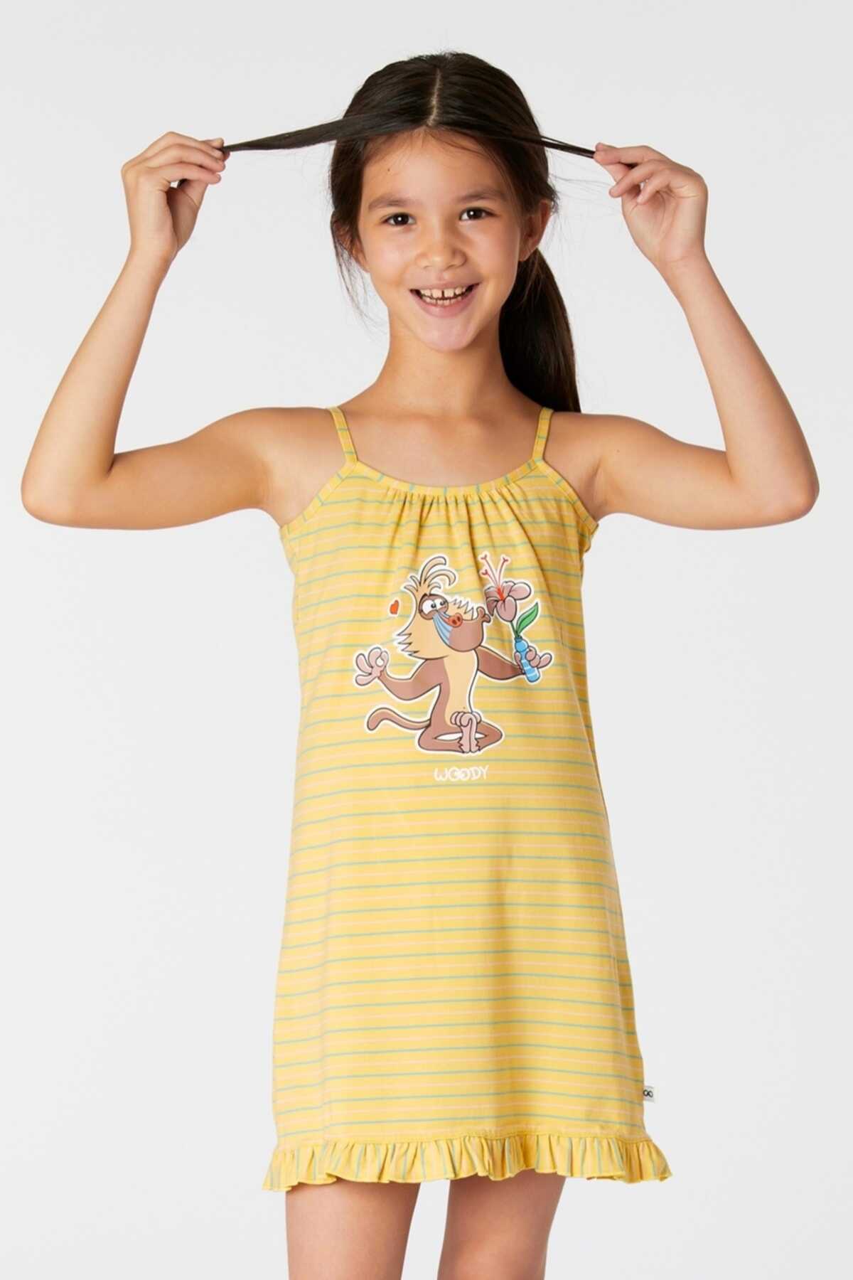 لباس خواب دخترانه آستین حلقه ای راه راه طرح میمون زرد برند Woody 
