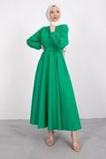 پیراهن بلند چین دار آستین کش کمربند دار زنانه سبز برند ENDERON 