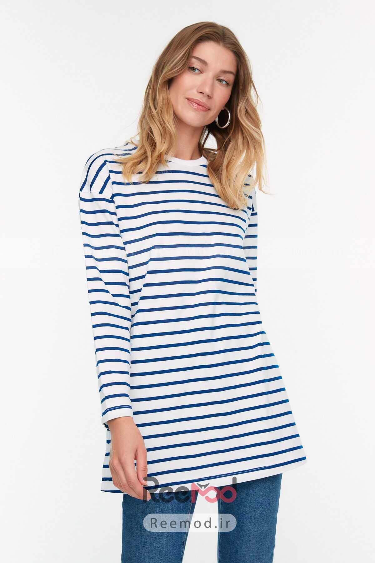 تونیک نخی مدل راه راه آبی برند Trendyol Modest