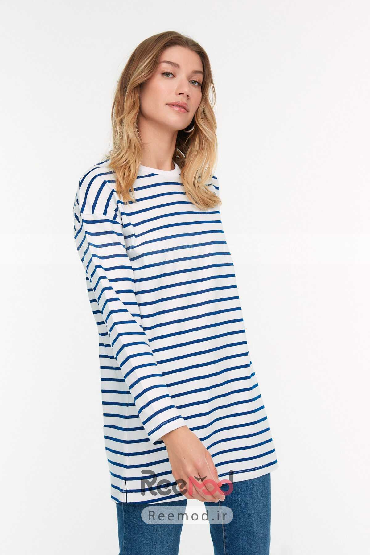 تونیک نخی مدل راه راه آبی برند Trendyol Modest