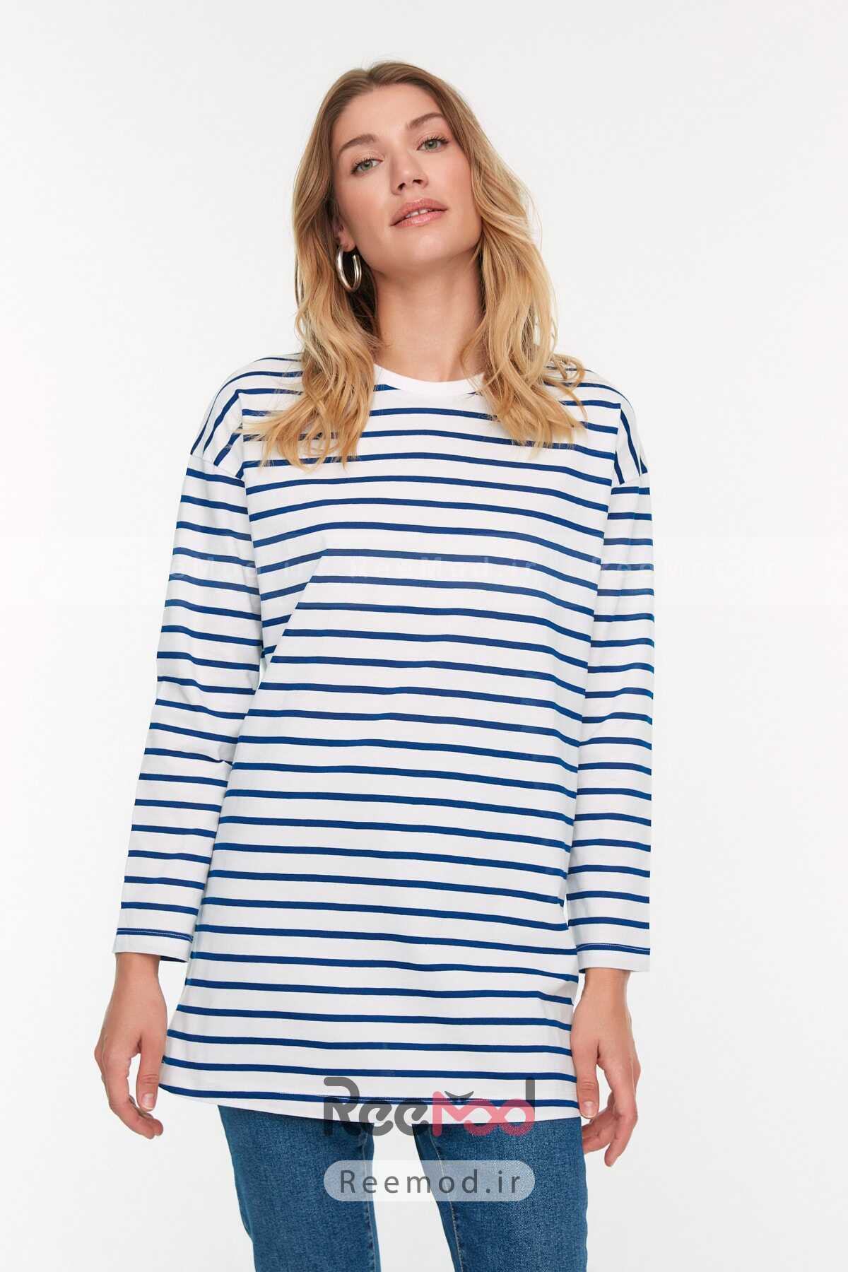 تونیک نخی مدل راه راه آبی برند Trendyol Modest
