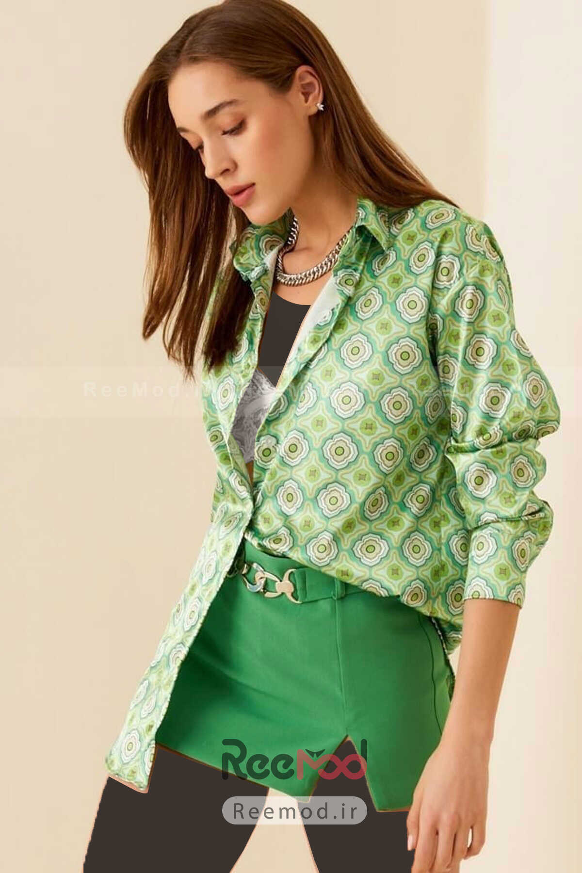 پیراهن زنانه ساتن طرح دار سبز برند  Desenli 
