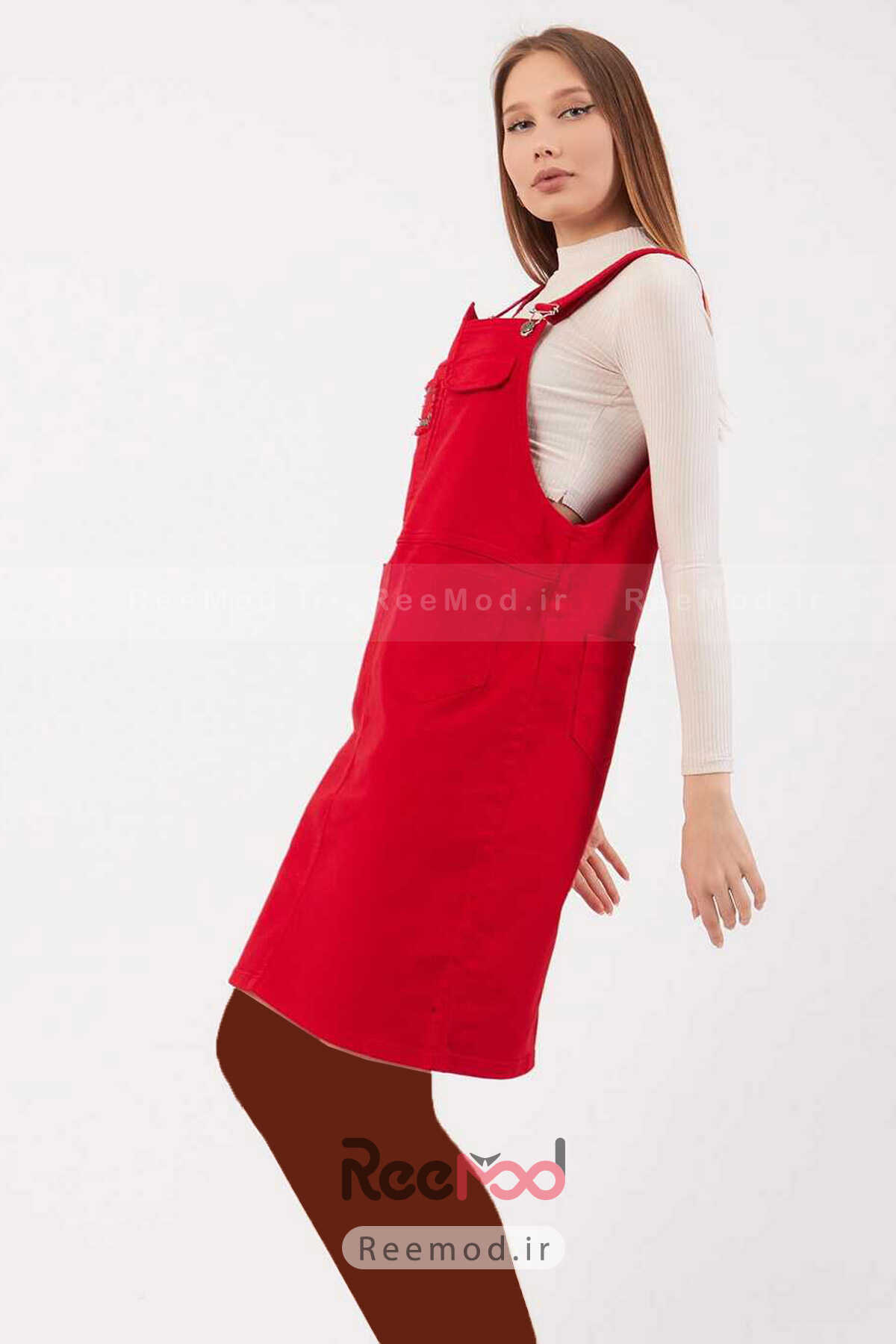 سالوپت دامنی زنانه راسته جیب دار مدل پیشبندی قرمز 