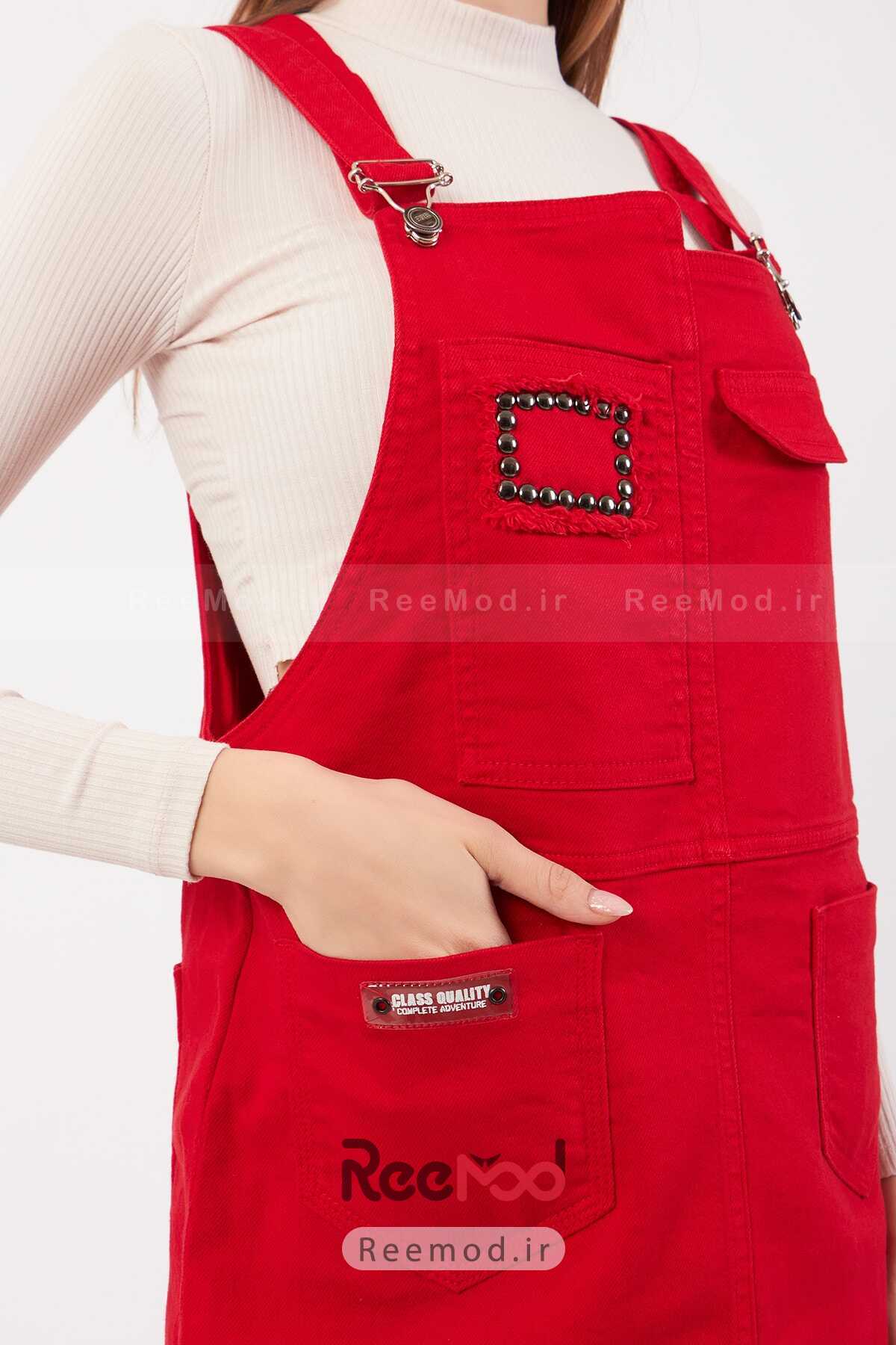 سالوپت دامنی زنانه راسته جیب دار مدل پیشبندی قرمز 