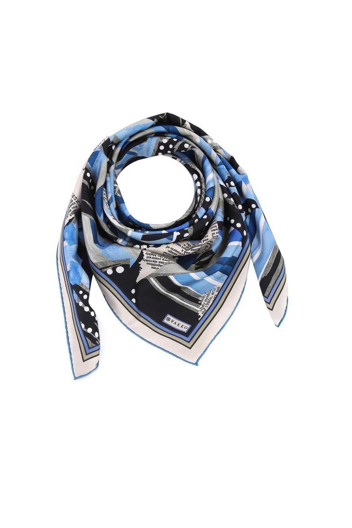 روسری ابریشم طرح دار زنانه آبی طوسی برند Vakko 