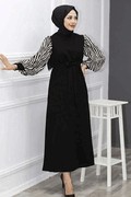 پیراهن بلند زنانه آستین گورخری کمربند دار مشکی برند Hera Fashion