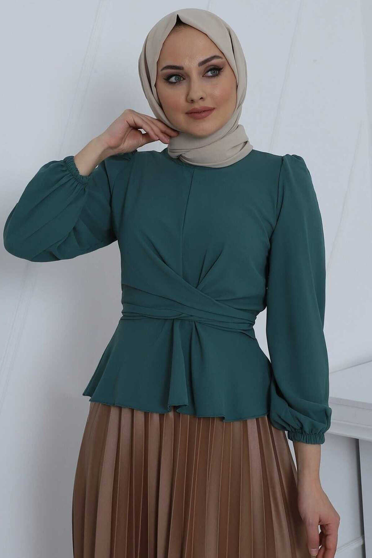 بلوز یقه گرد آستین کش دار زنانه سبز برند Modamorfo