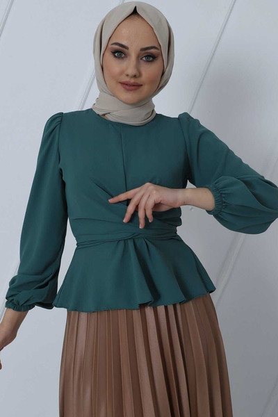 بلوز یقه گرد آستین کش دار زنانه سبز برند Modamorfo