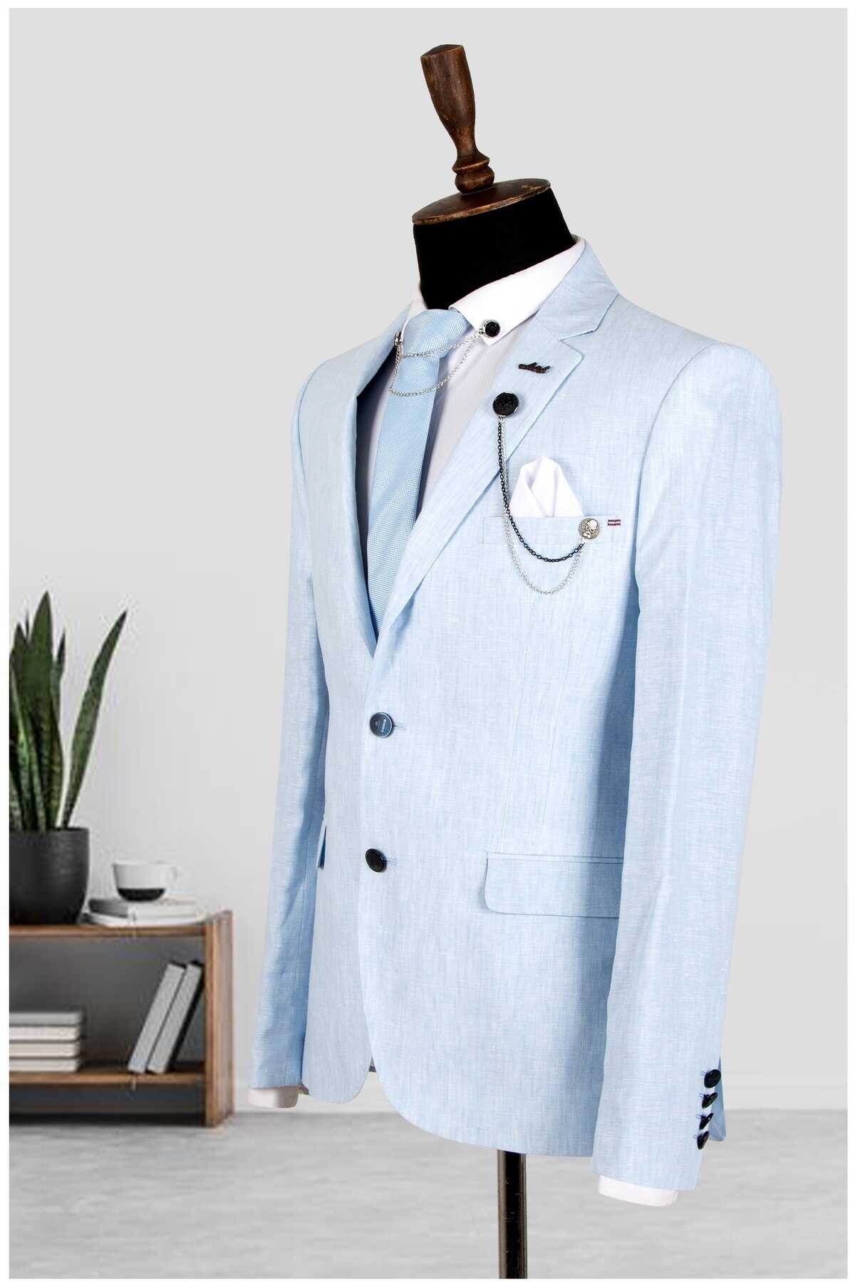 کت تک مردانه دوچاک دستمال دار آبی روشن برند DeepSEA