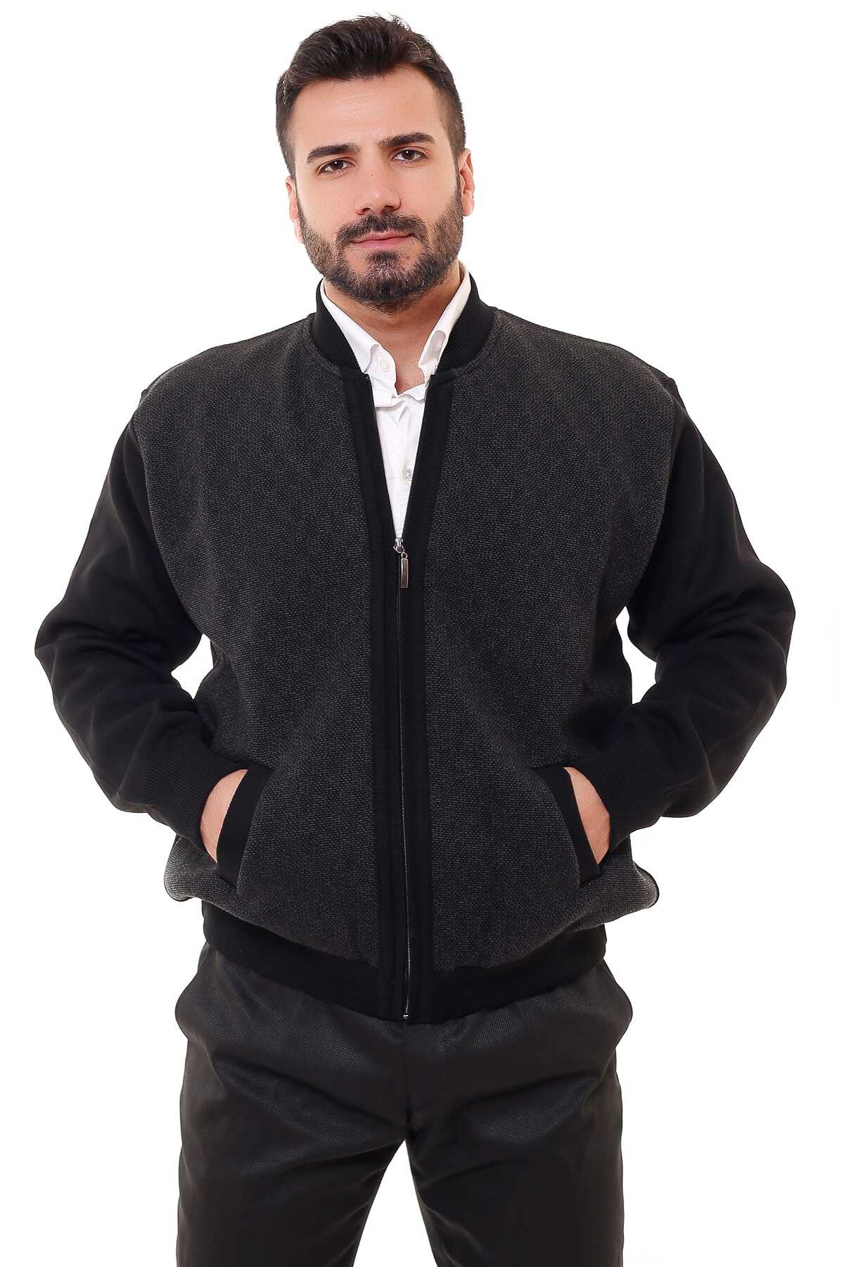 ژاکت مردانه سایز بزرگ یقه ایستاده  جیب دار مشکی برند KARBEY TRİKO