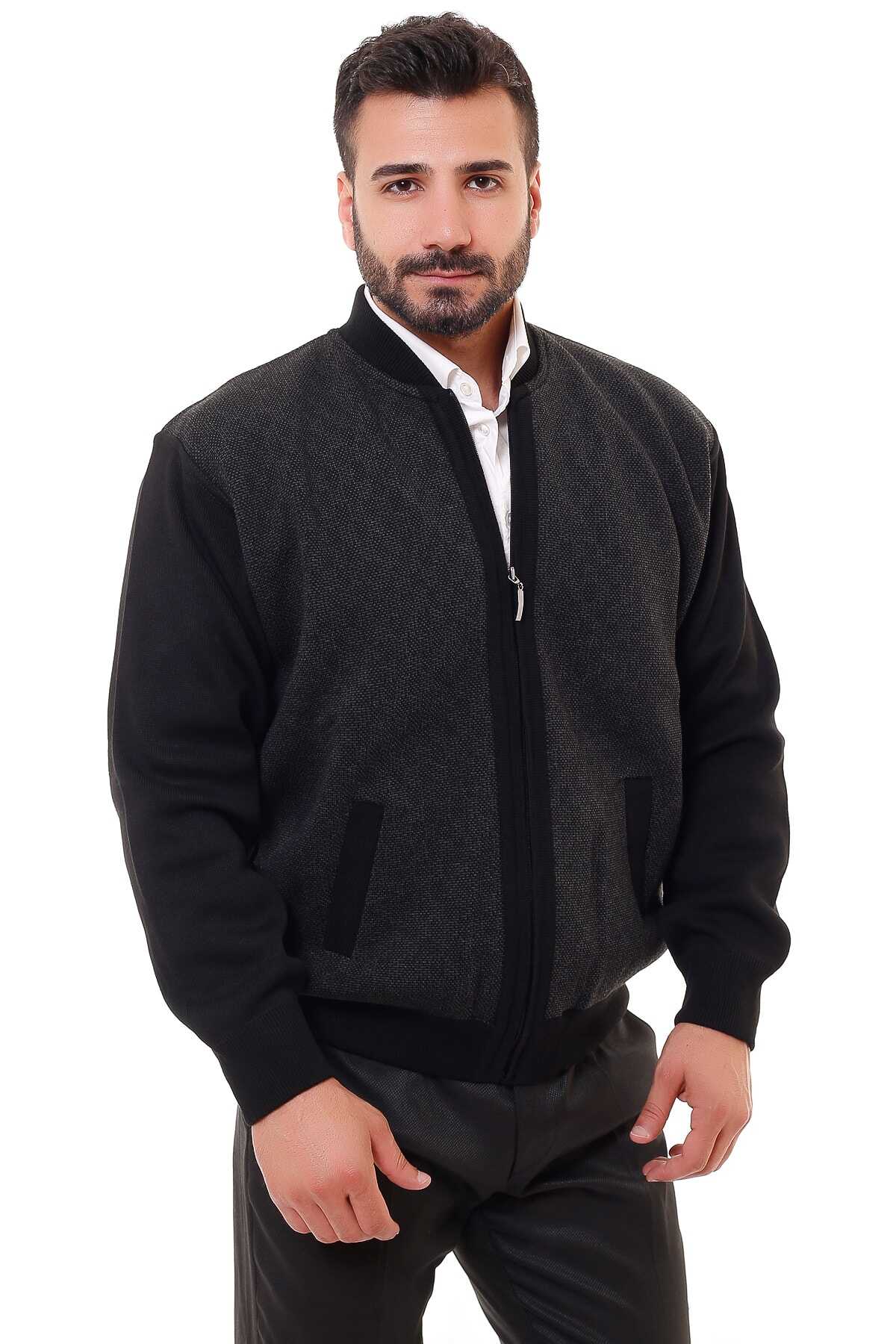 ژاکت مردانه سایز بزرگ یقه ایستاده  جیب دار مشکی برند KARBEY TRİKO