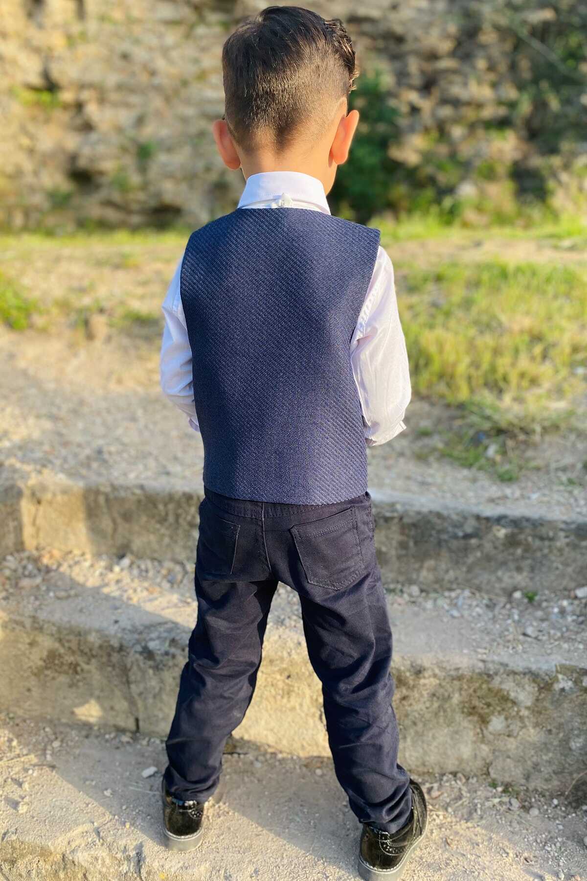ست جلیقه شلوار پاپیون بچه گانه پسرانه سرمه ای برند Entel 