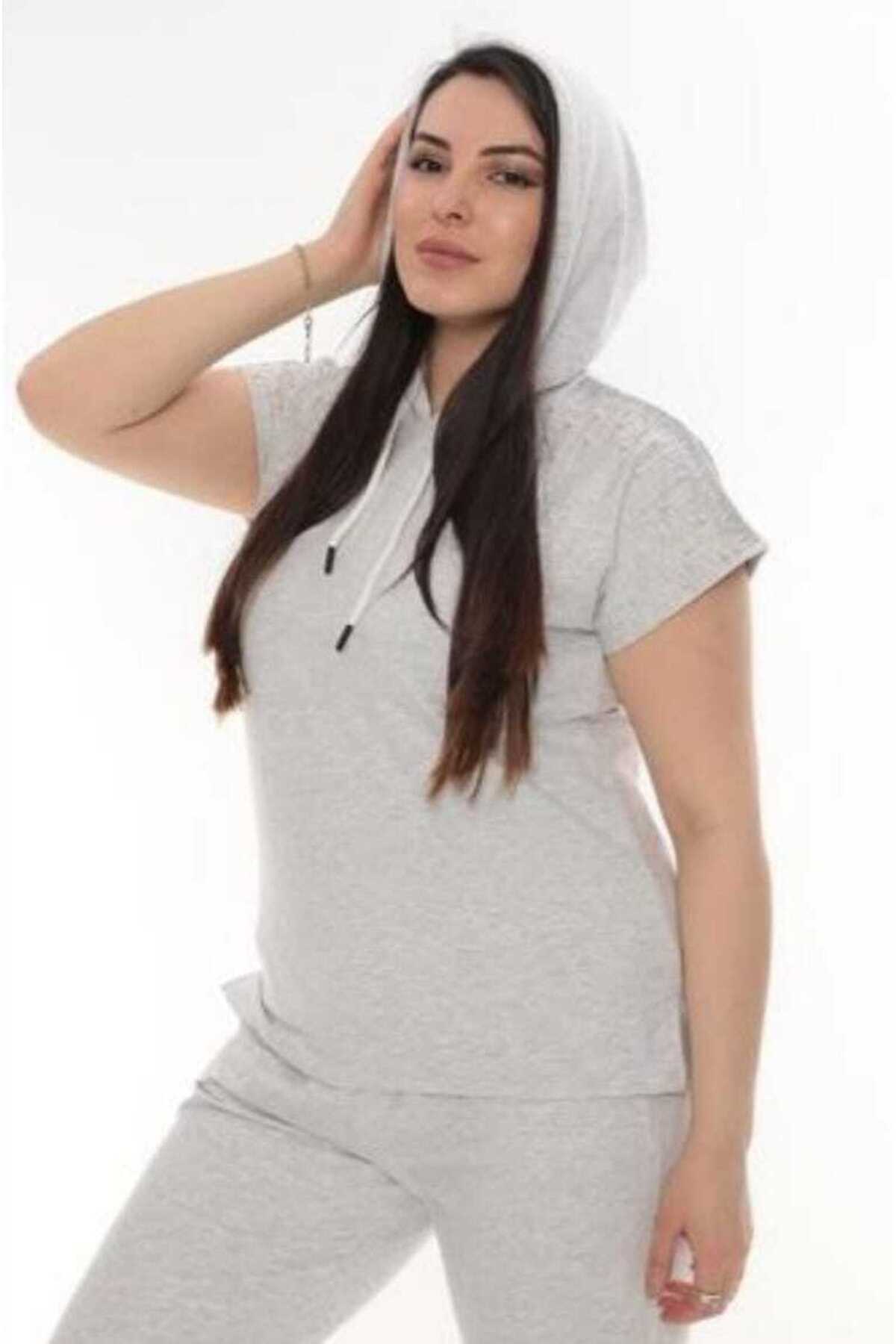 ست لباس ورزشی زنانه سایز بزرگ آستین کوتاه کلاه دار طوسی برند BARCİACE
