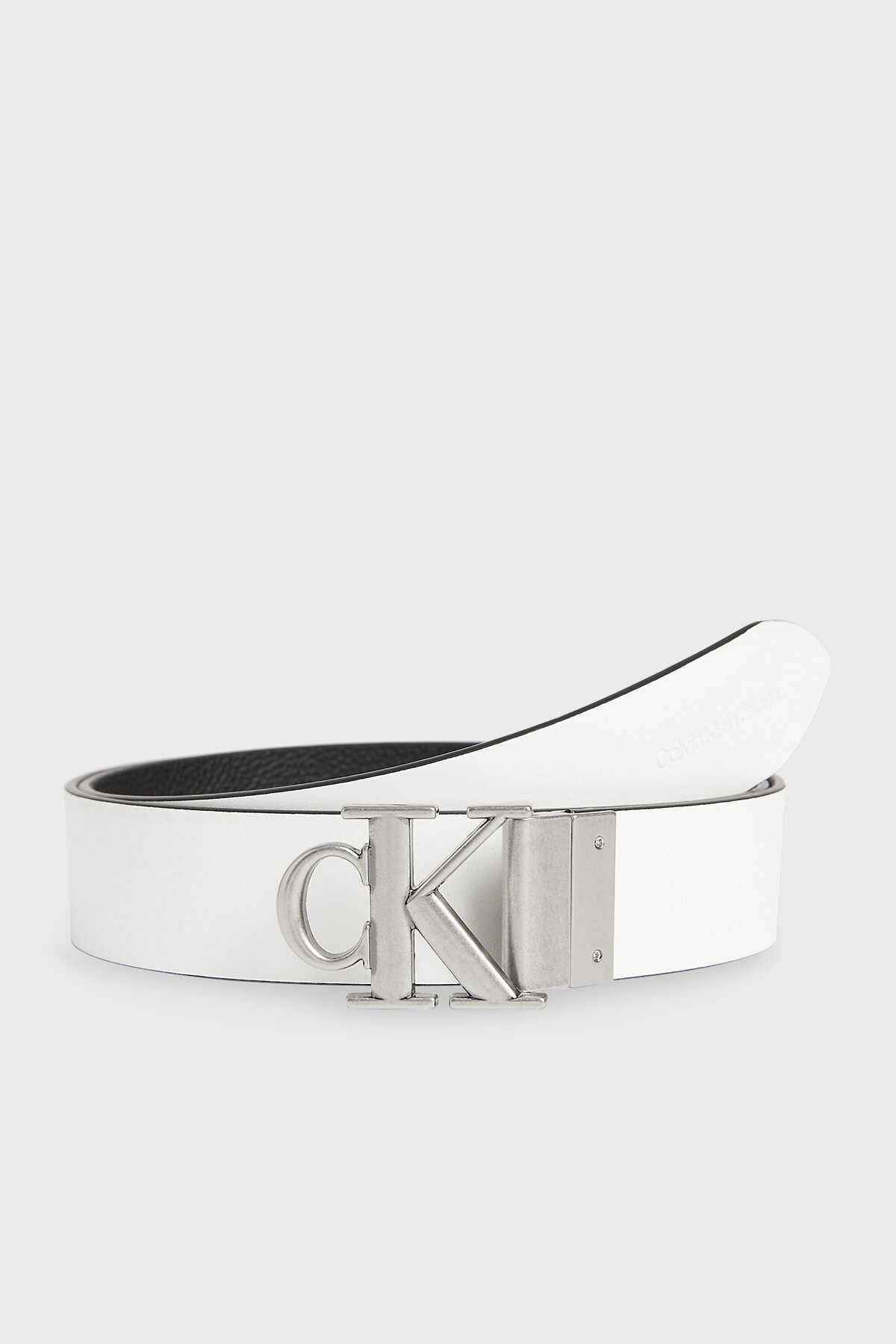 کمربند چرم اصل دو طرفه یونیسکس دو رنگ مشکی سفید مدل K50k508899 02x برند Calvin Klein
