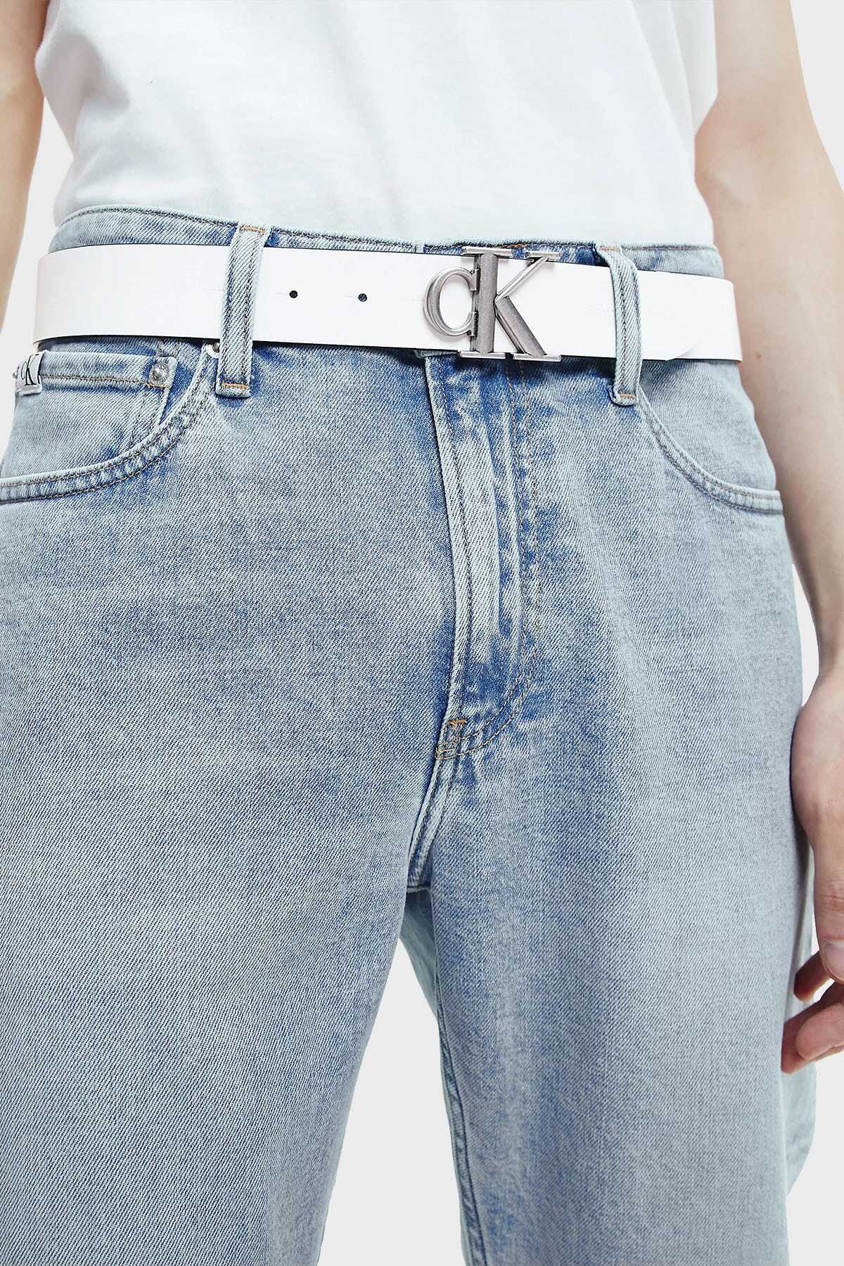 کمربند چرم اصل دو طرفه یونیسکس دو رنگ مشکی سفید مدل K50k508899 02x برند Calvin Klein
