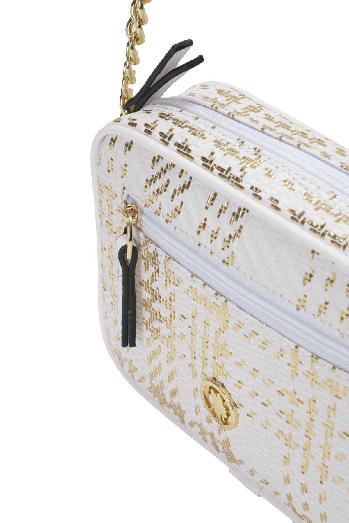 کیف شانه ای زنانه بند زنجیر دار سفید طلایی برند U.S. Polo Assn