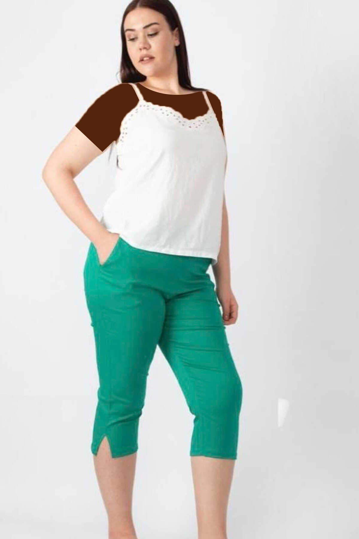 شلوارک کاپری کمر کش جیب دار چاک دار سایز بزرگ زنانه سبز