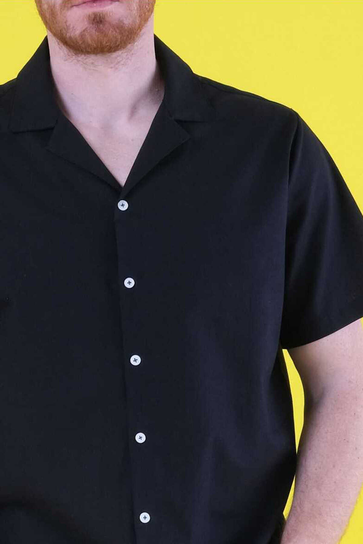 پیراهن کتان آستین کوتاه یقه ترکیبی سایز بزرگ مردانه مشکی برند SÖR BÜLEND