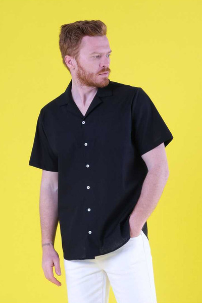 پیراهن کتان آستین کوتاه یقه ترکیبی سایز بزرگ مردانه مشکی برند SÖR BÜLEND