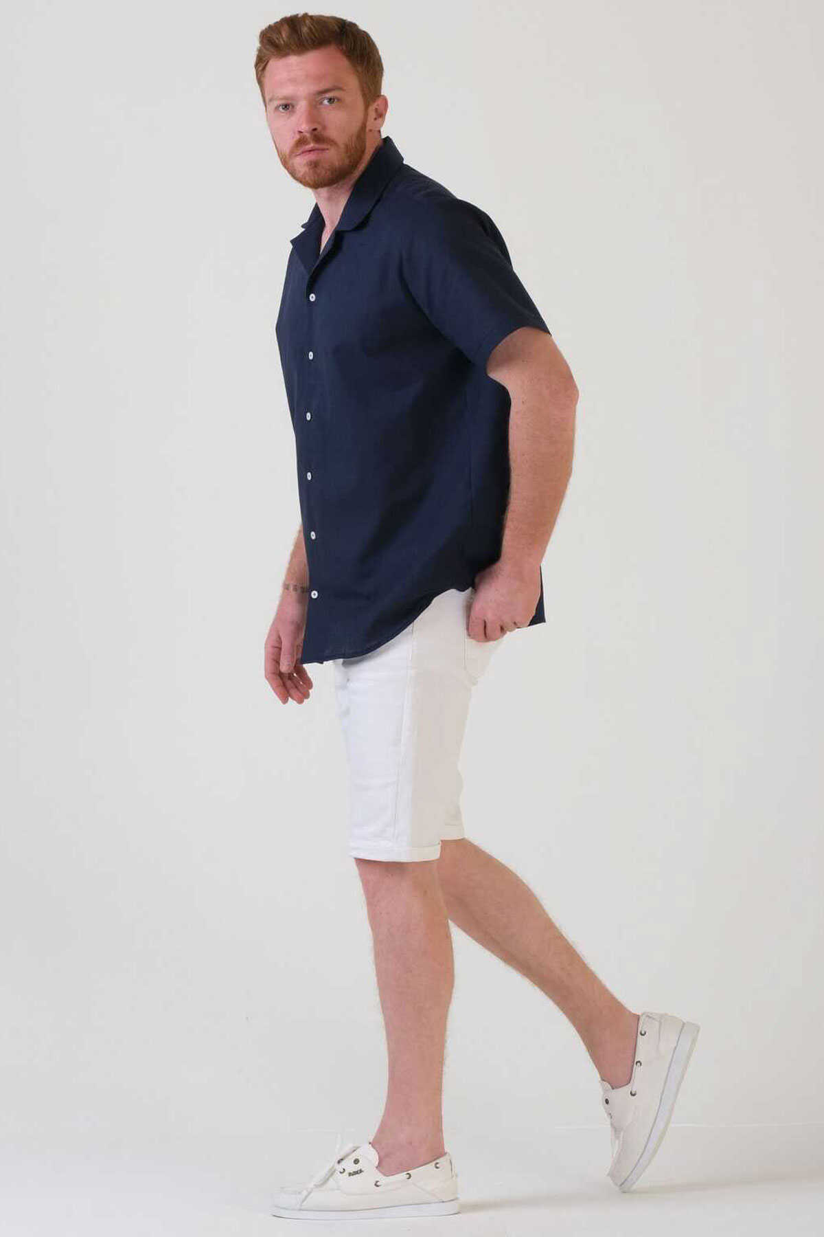 پیراهن کتان آستین کوتاه یقه ترکیبی سایز بزرگ مردانه سرمه ای برند SÖR BÜLEND