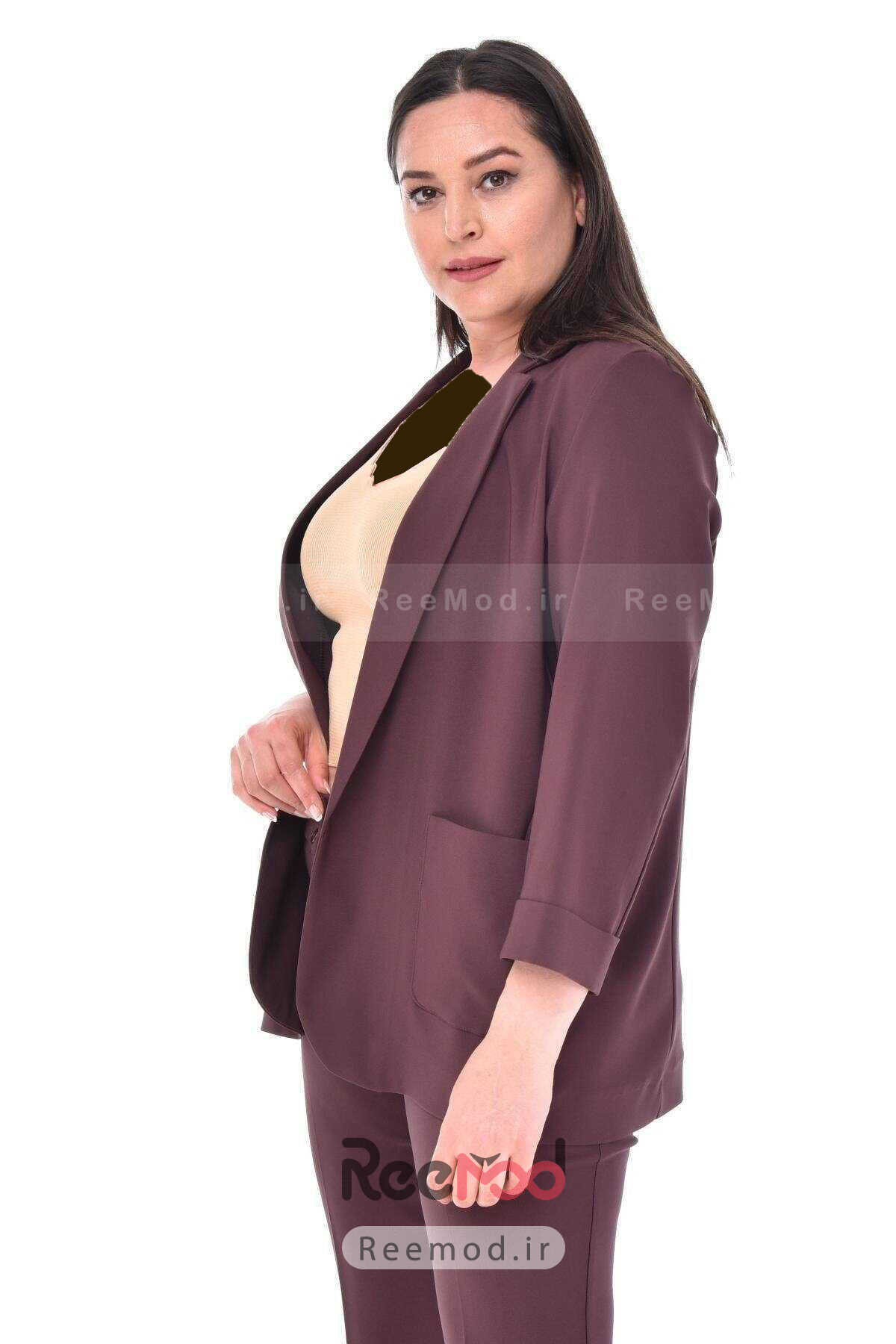 کت شلوار کوتاه جیب پاکتی سایز بزرگ زنانه قهوه ای برند Hanezza