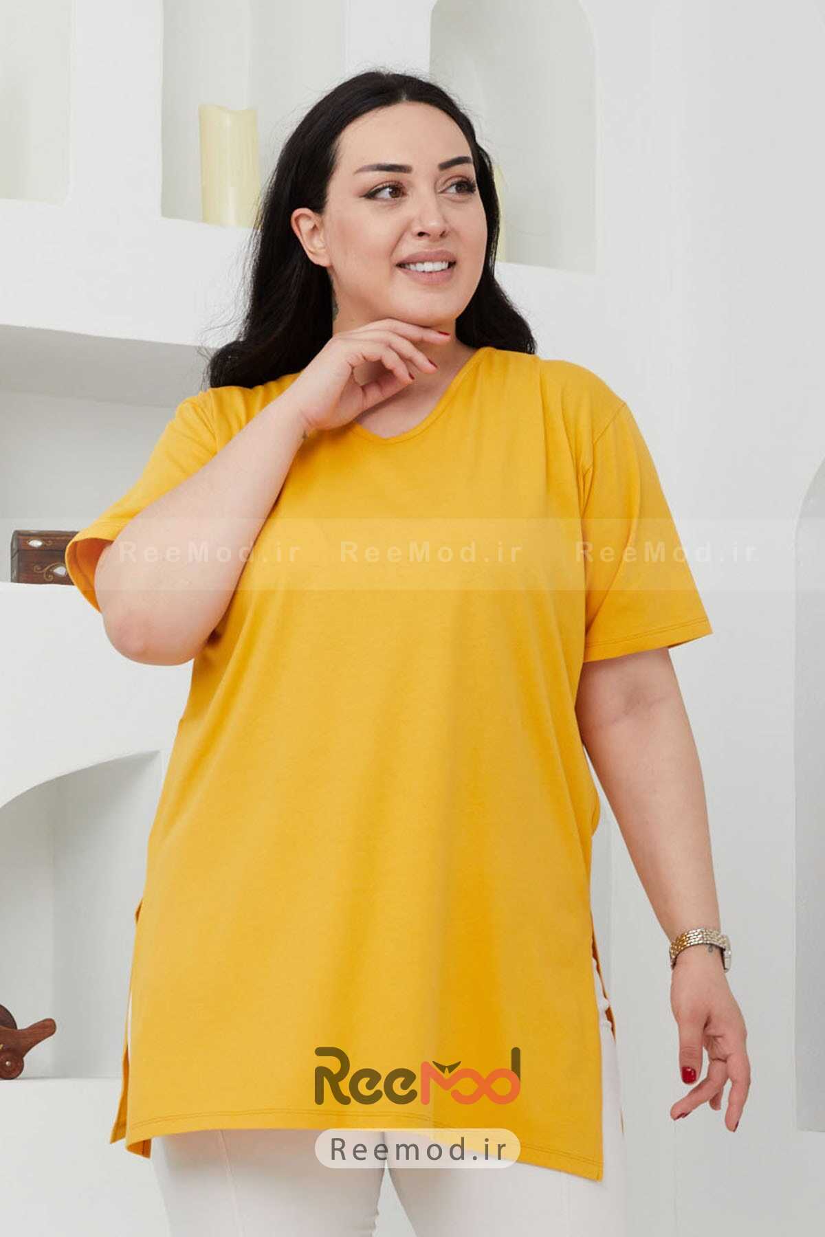 تیشرت زنانه سایز بزرگ یقه هفت چاک دار زرد برند Büyük Beden