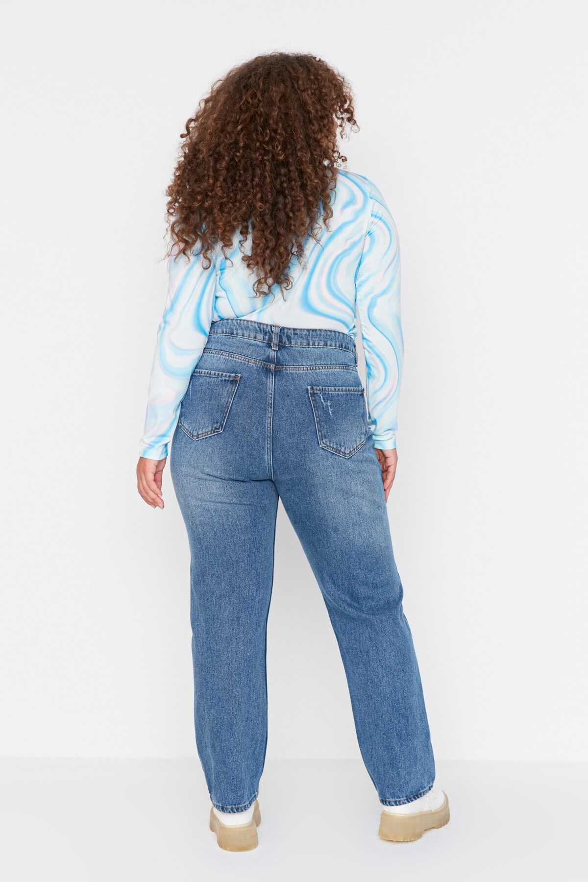 شلوار جین سایز بزرگ راسته زنانه آبی برند Trendyol Curve 