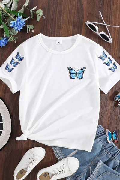 تیشرت بچه گانه طرح پروانه آبی دخترانه سفید برند LeoPold