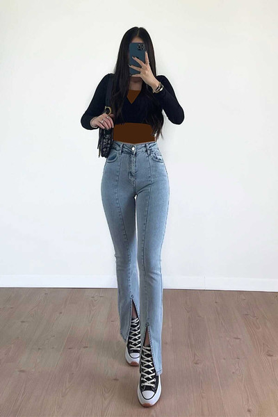 شلوار جین زنانه طرح دار چاک دار آبی برند MAKRAS EXCLUSIVE