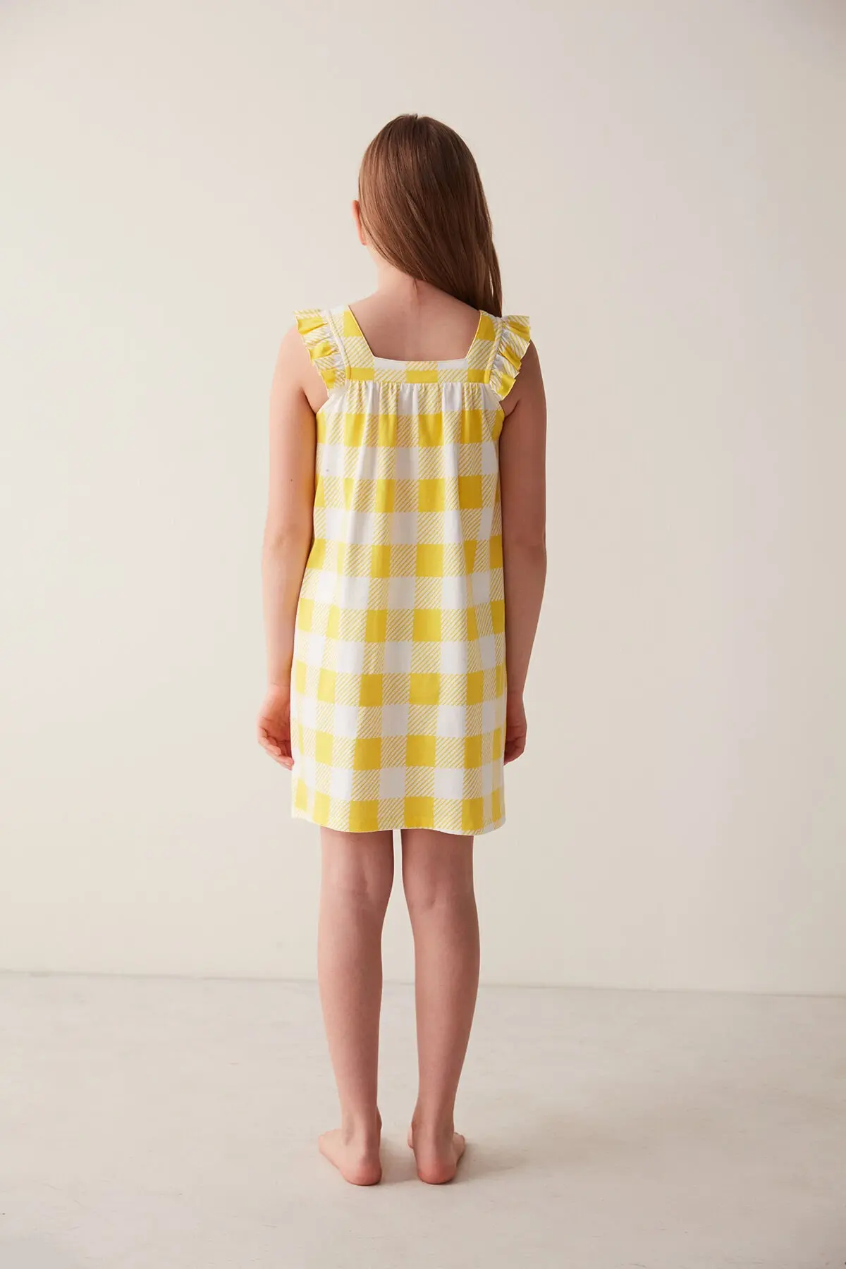 پیراهن چهارخانه چاپ دار دخترانه سفید زرد برند Penti